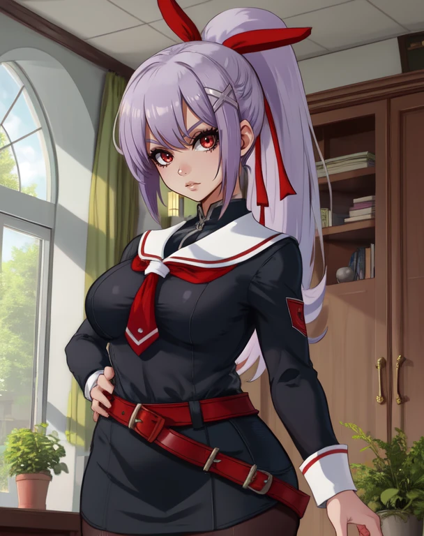 Senka, red eyes, ponytail, bangs, light purple hair, plump,
black school uniform, hair ribbon, white hair bands, pantyhose, dress skirt, red belt,
standing, hips,
principle building, indoors, cold stare, looking at viewer,
(insanely detailed, beautiful detailed face, masterpiece, best quality), solo,
<lora:SenkaReishiki:0.7>