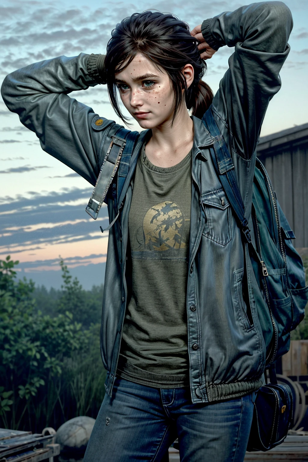 (masterpiece, best quality:1.3)
<lora:epi_noiseoffset2:1> <lora:add_detail:0.7><lora:EllieTLOU:0.8>
EllieTLOU, 1girl, solo, brown hair, shirt, black hair, long sleeves, closed mouth, jacket, ponytail, open clothes, sky, bag, arms up, open jacket, coat, backpack, denim, freckles, realistic, nose, green shirt, tying hair, denim jacket
