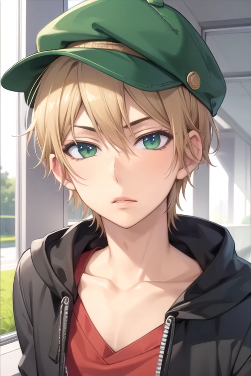 masterpiece, best quality, photorealistic, 1boy, solo, male focus, looking at viewer, , depth of field, , , <lora:nozomu_nanashima:0.74>, nozomu_nanashima, blonde hair, green eyes, , flat cap, , Blu-ray