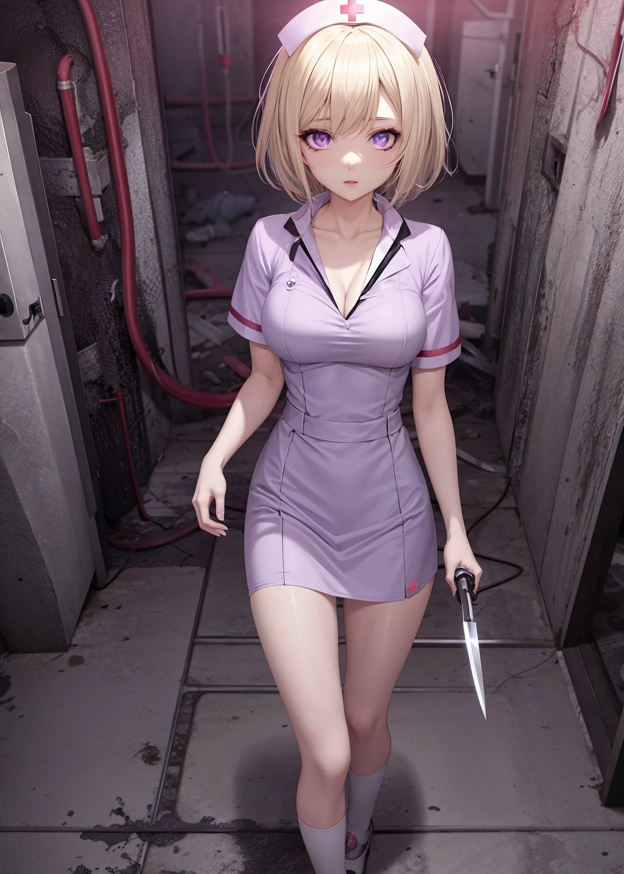 [[[[anime]]]] (game cg), highres, official art, (creepy dark lighting),
gorgeous [evil] woman, [silver:blonde:0.3] bobcut, violet eyes, medium breasts, (nurse uniform), knife, in abandoned hospital