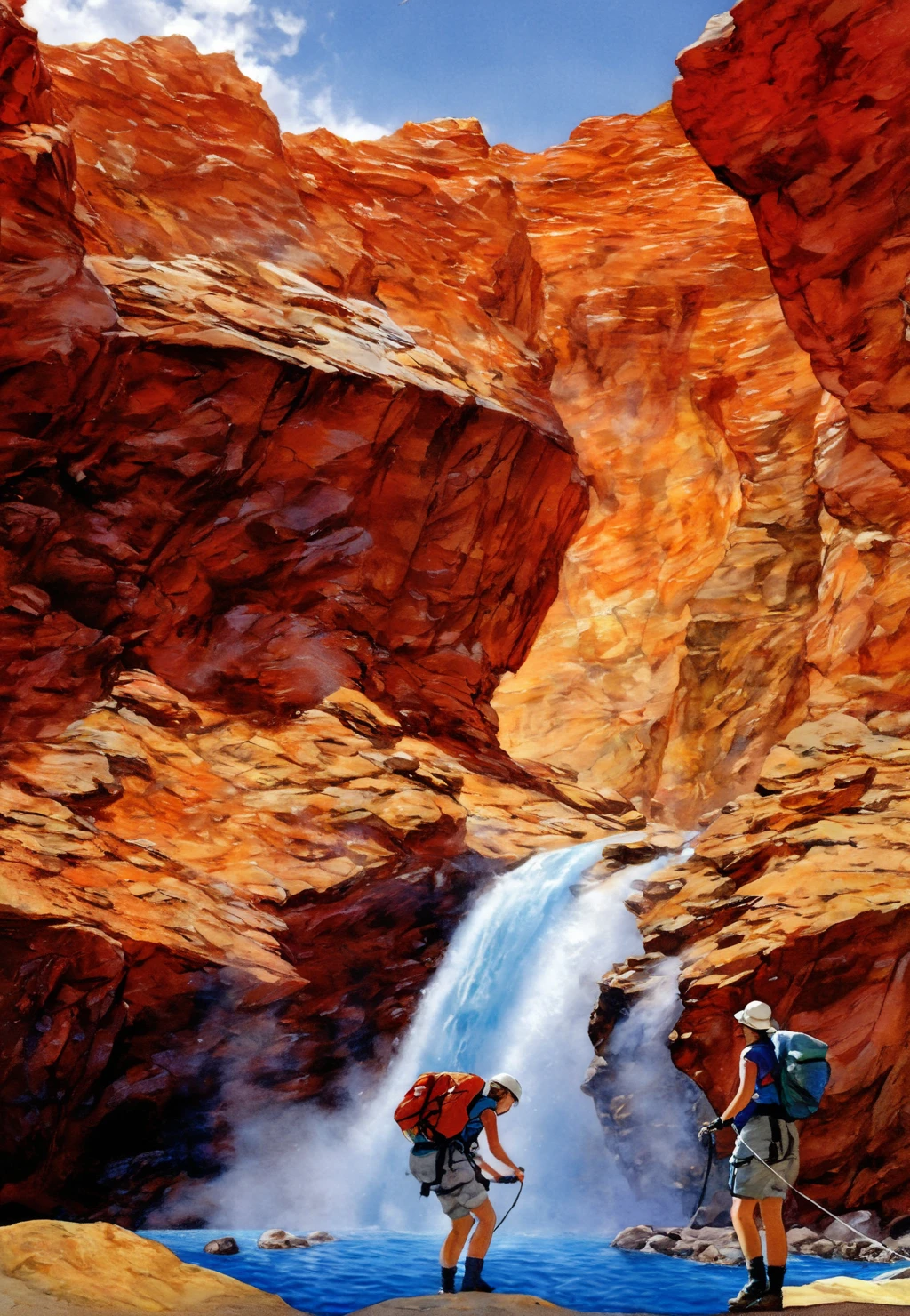 climbing rock, absurdres, ((1girl)), steam, (from above), reflective, (remote arid mountain), detailed background, waterfall, (abrupt rock), landscape, golden ratio, masterpiece, best quality, ((extremely detailed blue eyes)), smiling, fluttered exquisite red hair, exqusite accessories, camp, wet clothes, medium breasts, ((big pupil)), navel, sweat, hot weather, expedition, ripple, (looking at sky), depth of field, raytracing, (wide shot:0.9), len flare, close-up, cinematic lighting, (camel toe:0.9), vista,,  <lora:Old_Illustration_v1:1>