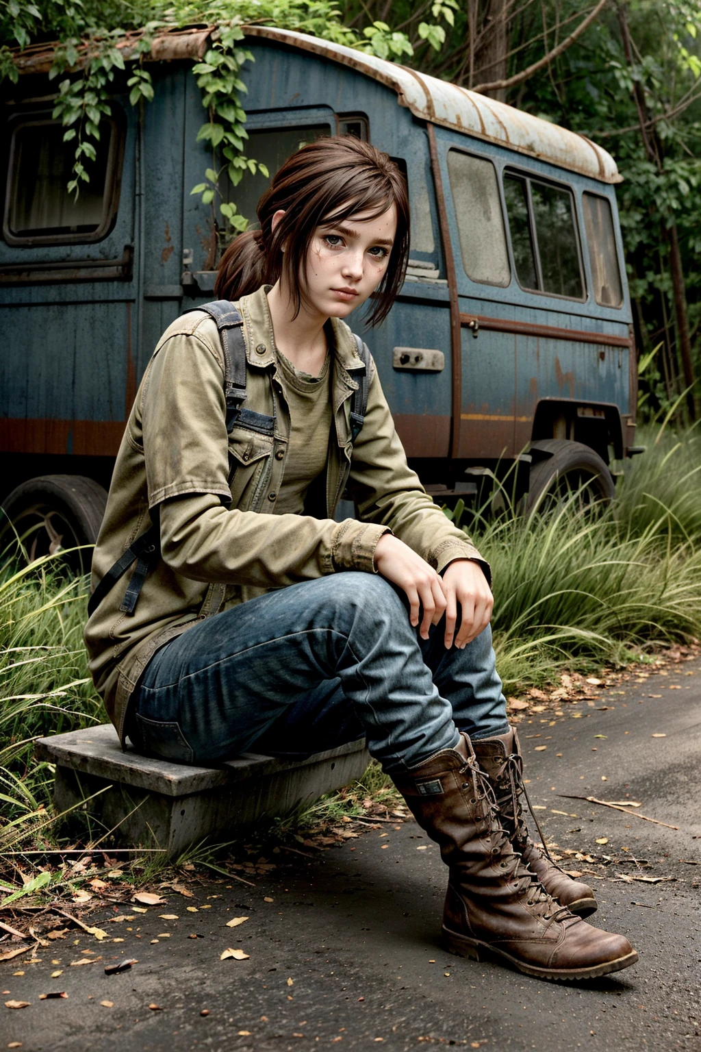 (masterpiece, best quality:1.3)
<lora:epi_noiseoffset2:1> <lora:add_detail:0.7><lora:EllieTLOU:0.8>
EllieTLOU, 1girl, solo, long hair, brown hair, Crumbling Infrastructure, Overgrown with Nature, Roadside Camp, Weathered Boots, Tattered Clothing