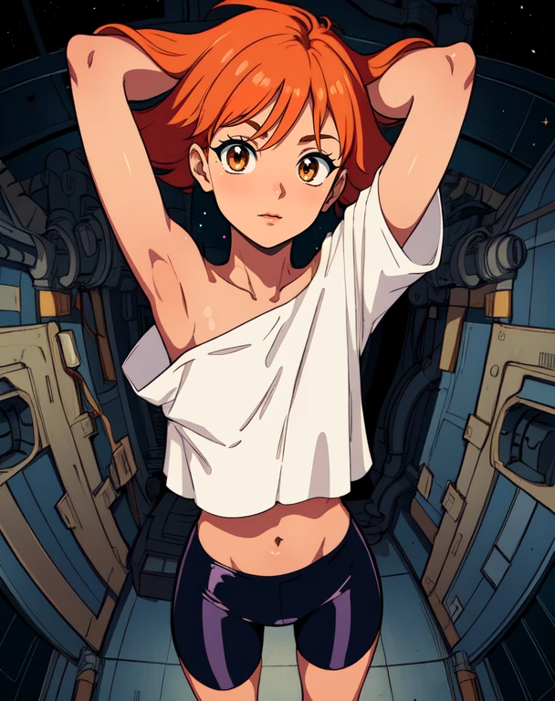 Edward, midriff, orange hair, (white loose shirt), off shoulder, arms up,
bike shorts, brown eyes, toned, pose,
space station, engine room,
standing, upper body, from above,
(insanely detailed, beautiful detailed face, masterpiece, best quality
<lora:EDWARD:0.7>