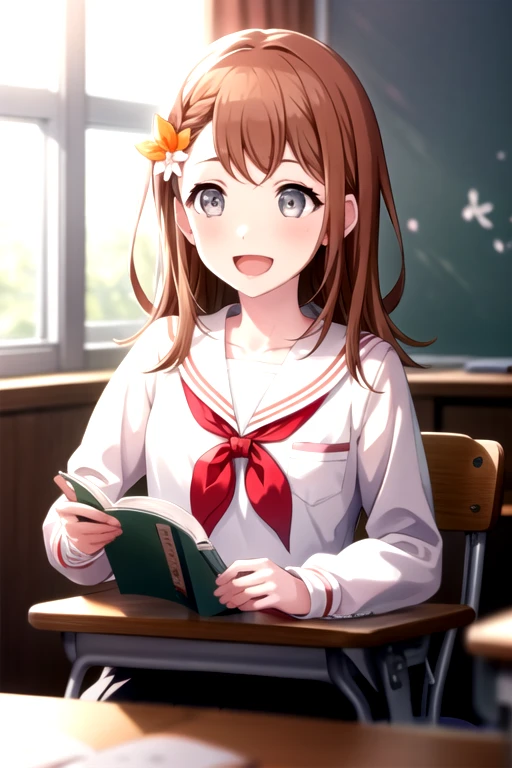 <lora:Minori3rd-05:0.9>, minori3rd, smile, open mouth, shirt, long sleeves, bow, holding, hair between eyes, school uniform, white shirt, upper body, :d, hair bow, serafuku, indoors, sailor collar, blurry, neckerchief, book, hands up, window, depth of field, blurry background, happy, sunlight, white bow, red neckerchief, desk, backlighting, holding book, light blush, white sailor collar, blurry foreground, orange bow, classroom, school desk, looking afar, school chair, two-tone bow