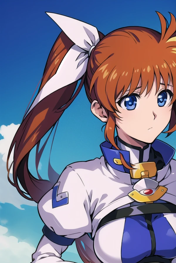 nanohatakamachi, <lora:nanohatakamachiv2-lora-nochekaiser:1>,
nanoha takamachi, (takamachi nanoha:1.5), long hair, blue eyes, brown hair, hair ribbon, (side ponytail:1.5), white ribbon,
BREAK magical girl, jacket, collar, puffy sleeves, long sleeves, white jacket,
BREAK looking at viewer, full body, upper body,
BREAK outdoors, city, sky,
BREAK <lyco:GoodHands-beta2:1>, (masterpiece:1.2), best quality, high resolution, unity 8k wallpaper, (illustration:0.8), (beautiful detailed eyes:1.6), extremely detailed face, perfect lighting, extremely detailed CG, (perfect hands, perfect anatomy),