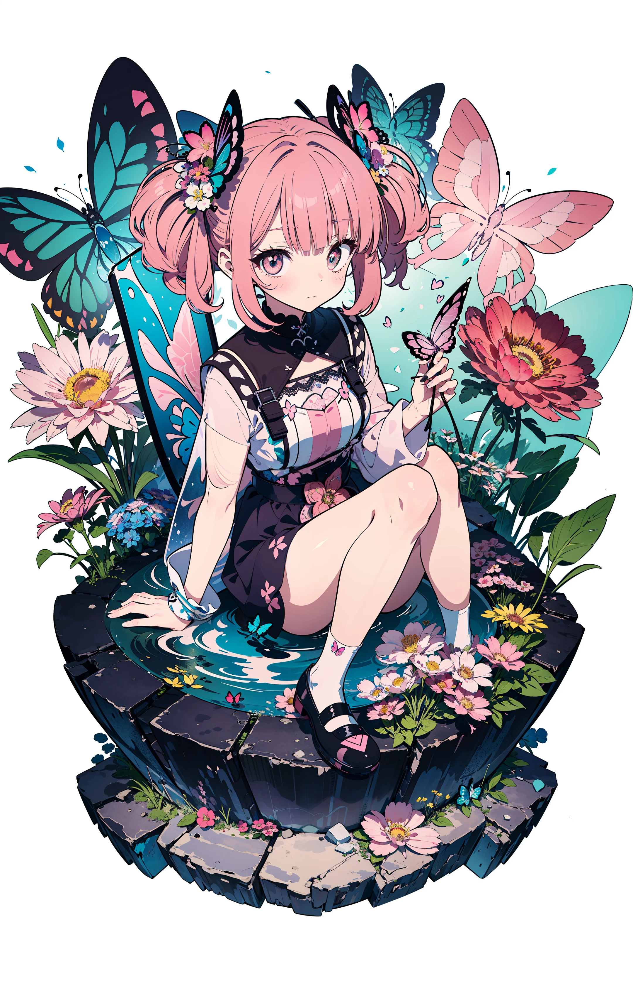 (masterpiece),(best quality),[(white background:1.5)::5],(transparent background:1.3), ((Harajuku Fashion)), ((Flowers with human eyes, Flower eyes)), double exposure, (pink hair:1.4),fussion of Fluid abstract art,glitch, (2D), (Original illustration composition), (fusion of limited color,Maximalism artstyle,Geometric artstyle,Butterflies,Junk art),solo focus,fetal position, floating,