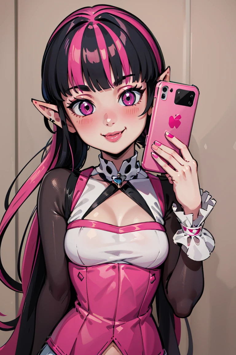 ((masterpiece,best quality)), absurdres,
<lora:Draculaura_Anime:0.8>, Draculaura_MH, black hair, pink hair, multicolored hair, pointy ears,
pink top, upper body, extremely detailed face, smile, blushing, selfie, holding phone,