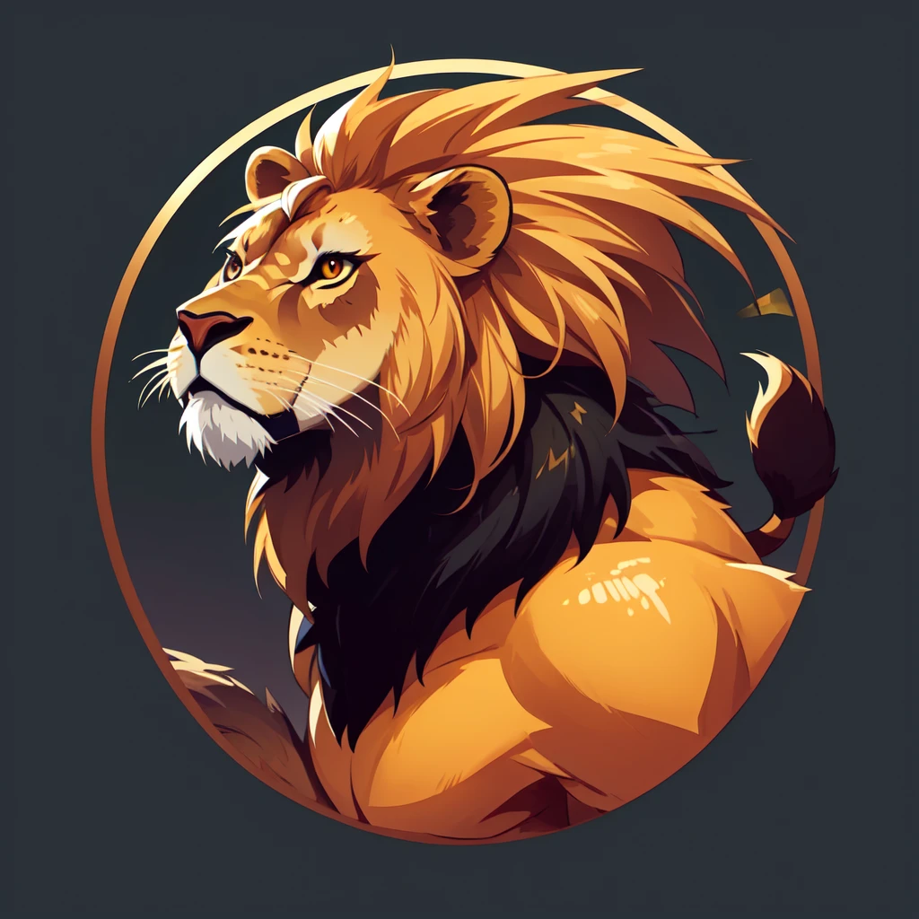 (masterpiece, best quality:1.1), (round logo:1.05), a lion with a mane, roar, sharp claws, golden coat, carnivore, fierce, king of the jungle, muscular, powerful, gradient background, simple background