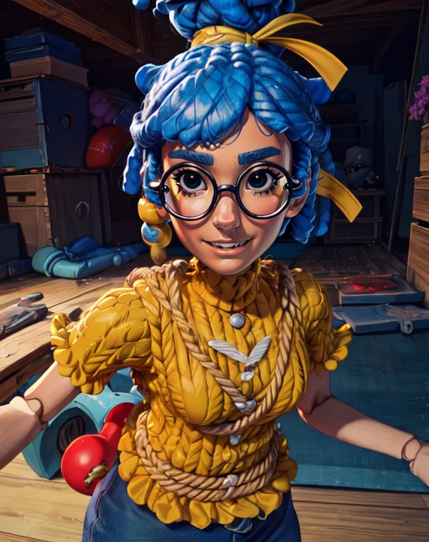 May, blue hair,dreadlocks, hair bun, black eyes, glasses, wooden joints,
standing, upper body, smiling, solo,
yellow shirt, blue pants with stiches, yellow hair ribbon, short sleeves, large blue button on shirt,
large toy room, toy body size,
(insanely detailed, beautiful detailed face, masterpiece, best quality) solo,
<lora:May-10v6:0.7>