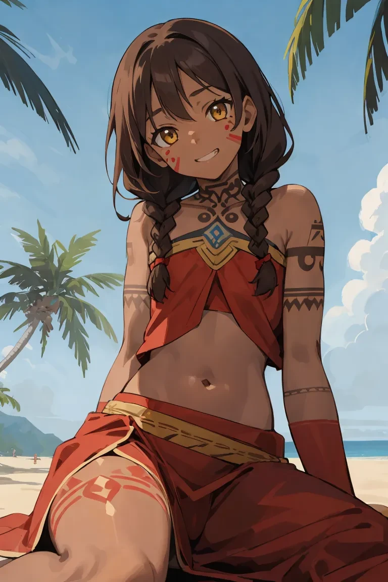 (finely detailed illustration :1.2), (absurdres:0.3), 8k, outdoors, blue sky, Palm tree, beach, Micronesian, cinematic lighting, BREAK solo, kawaii, 1girl sitting on beachside, perfect anatomy, (14YO:1.3), brown hair, low twin braids, detailed eyes, yellow eyes, small breasts, flat chest, (detailed skin:1.1), brown skin, (ethnic and religious red facial tattoos:1.1), red tattoos on face and shoulders and stomach, grin, (head tilt :1.2), (ethnic and religious white dress:1.1), \(red long sarong\), cameltoe, lowleg, prostration, from below,