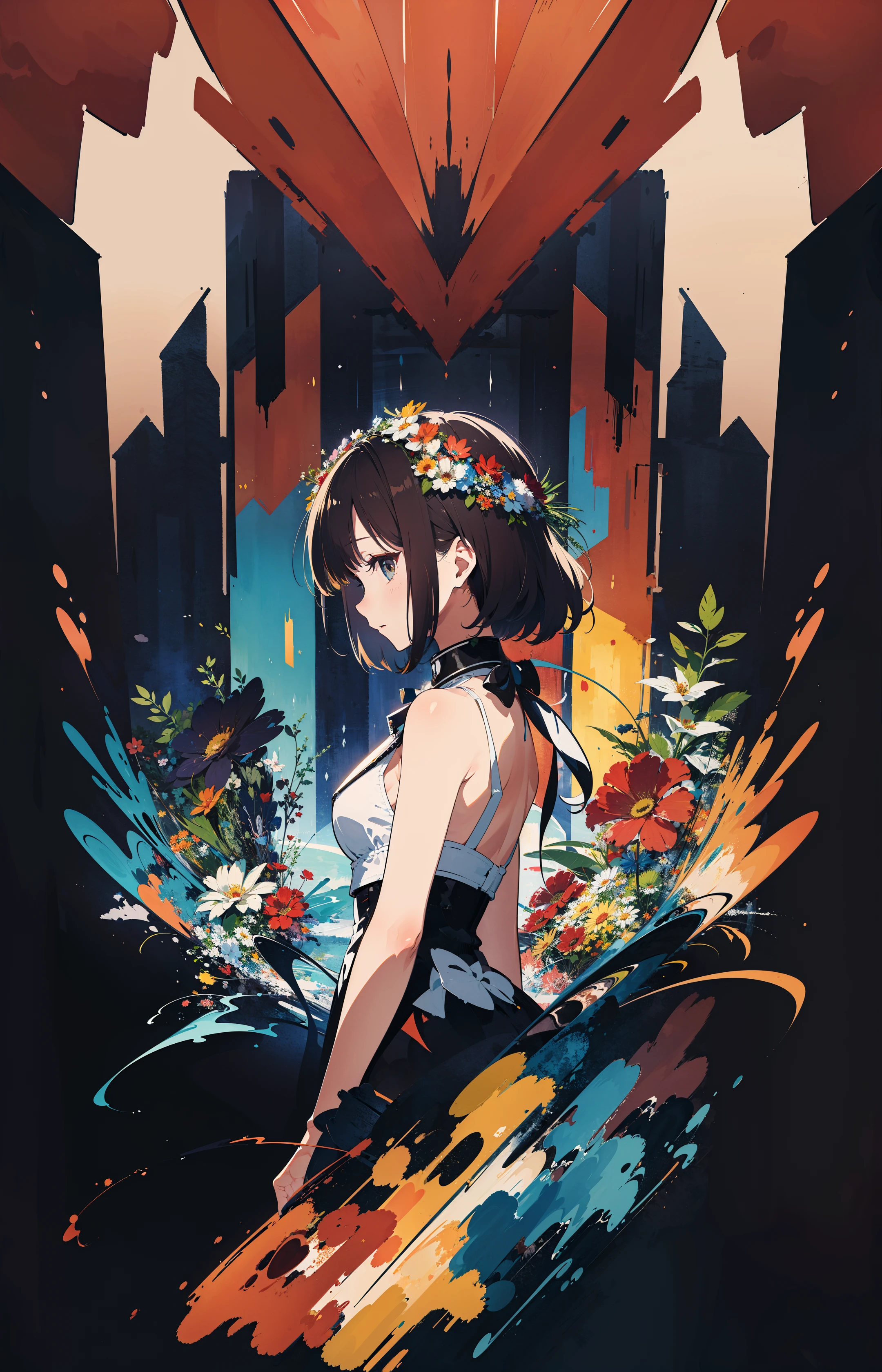 (abstract art:1.5), (masterpiece, best quality, ultra high res:1.2), 1girl, flower crown, from side