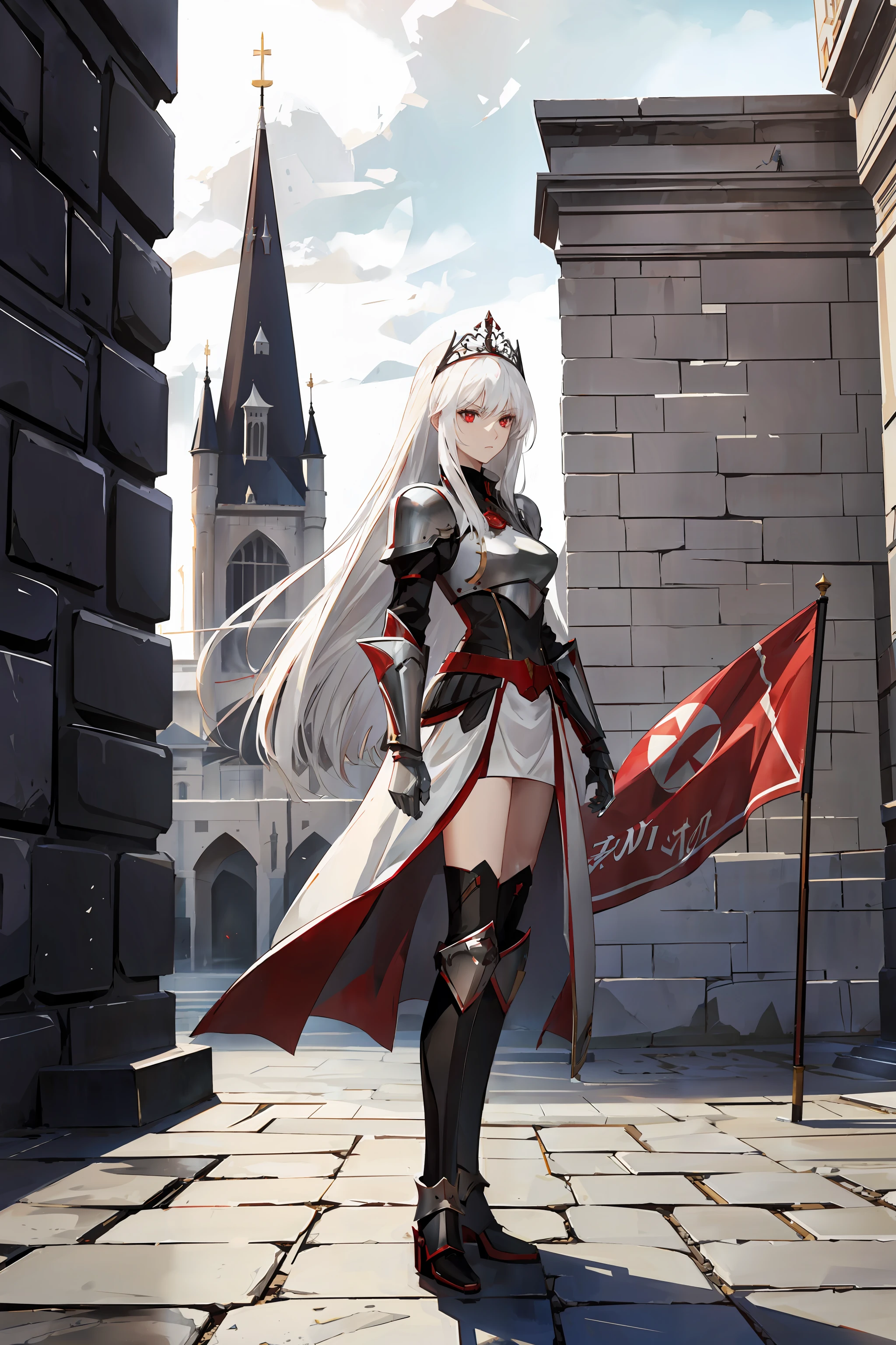 white hair, red eyes, long hair, armor, black tiara, standing, serious,
castle, stone bricks, stone floor, banners,