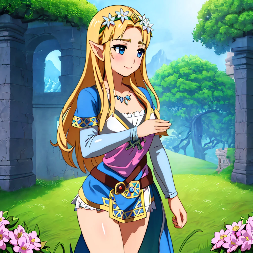 masterpiece, ultra-detailed, best quality, illustration, 8k cg wallpaper, an extremely delicate and beautiful, 1girl, Princess Zelda /(The Legend of Zelda/), solo, perfect anatomy, smiling, blushing, perfect arms, perfect hands, perfect fingers, perfect legs, cute, pretty, beautiful, sexy, perfect body, (background: flowery field, grass, trees, flowers, ruins, intricately detailed items in background), <lora:Flower_Prison:1>
