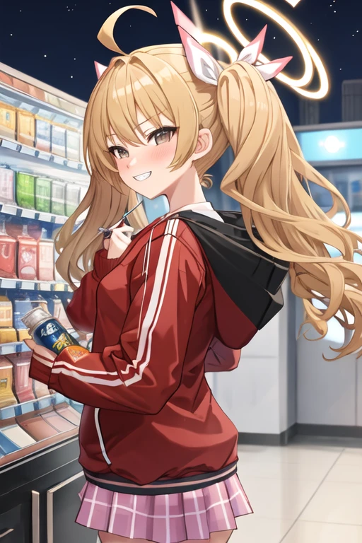 best quality, masterpiece, highres, solo, {yoshimi_bluearchive:1.15}, blonde_hair, twintails, hair_ribbon, ribbon, blush, ahoge, bangs, halo, brown_eyes, long_hair, white_ribbon, hair_between_eyes, upper_body, 1girl, blurry, grin, jacket, long_sleeves, looking_at_viewer, outdoors, red_jacket, smile, blurry_background, hood, hood_down, hooded_jacket, medium_hair, track_jacket, can, grey_eyes, holding, holding_can, night, v, vending_machine, yellow_eyes