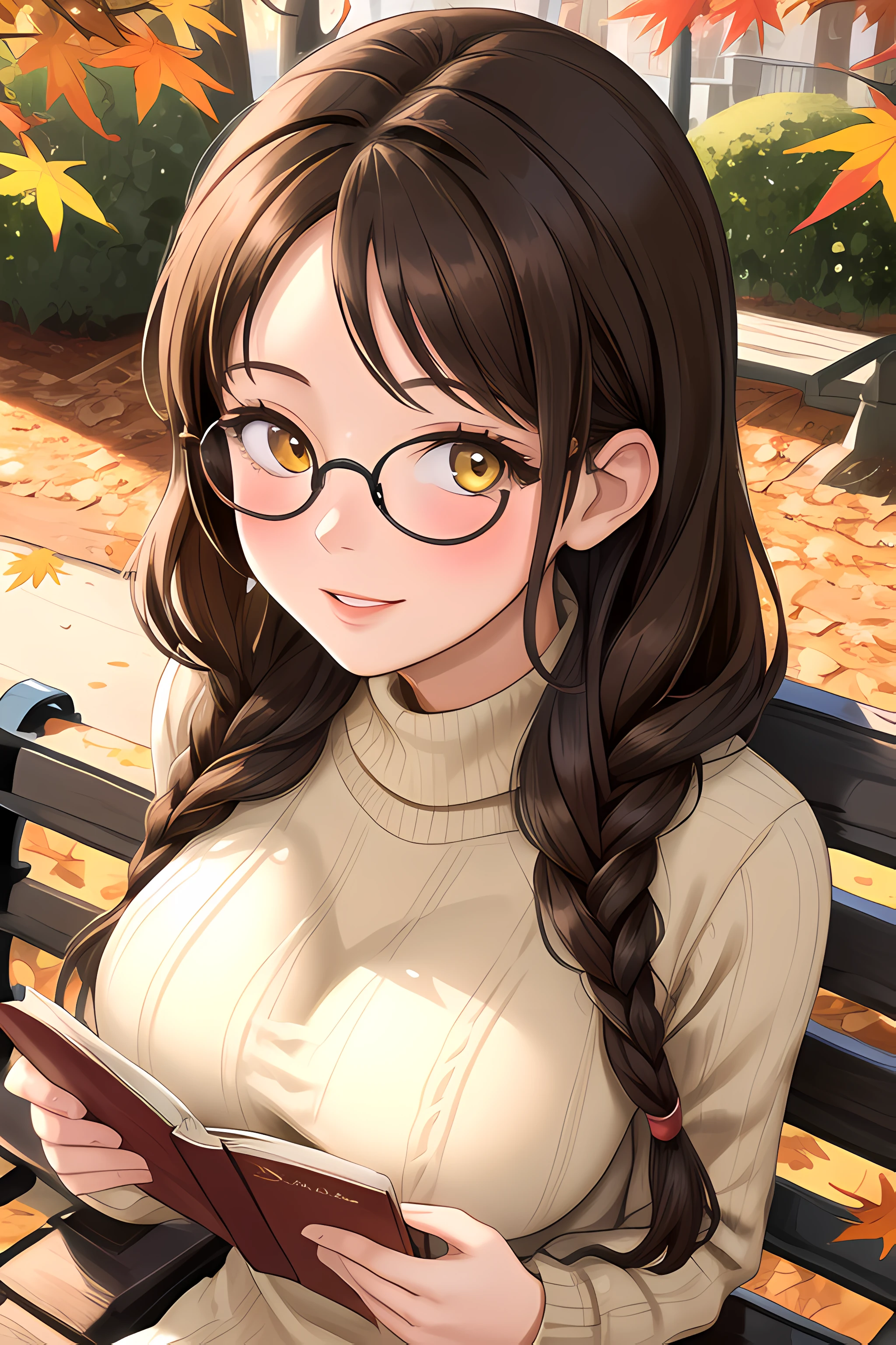 (masterpiece, best quality, absurdres), 1girl, solo, mature female, brown hair, low-braided long hair, wavy hair, yellow eyes, parted bangs, sidelocks, large sagging breasts, long eyelashes, black-framed round eyewear, book, reading, looking at viewer, light blush, parted lips, light smile, park, park bench, sitting, autumn, autumn leaves, brown sweater dress, from above, upper body, sexually suggestive