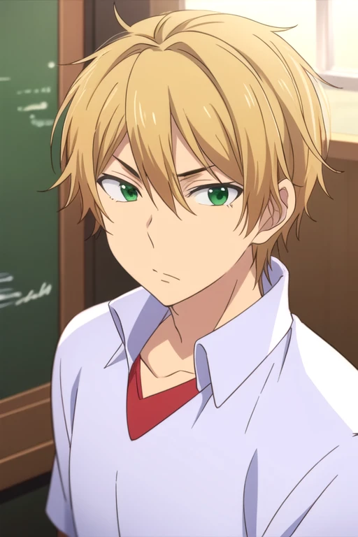 masterpiece, best quality, sketch, 1boy, solo, male focus, looking at viewer, upper body, depth of field, , , <lora:nozomu_nanashima:0.72>, nozomu_nanashima, blonde hair, green eyes