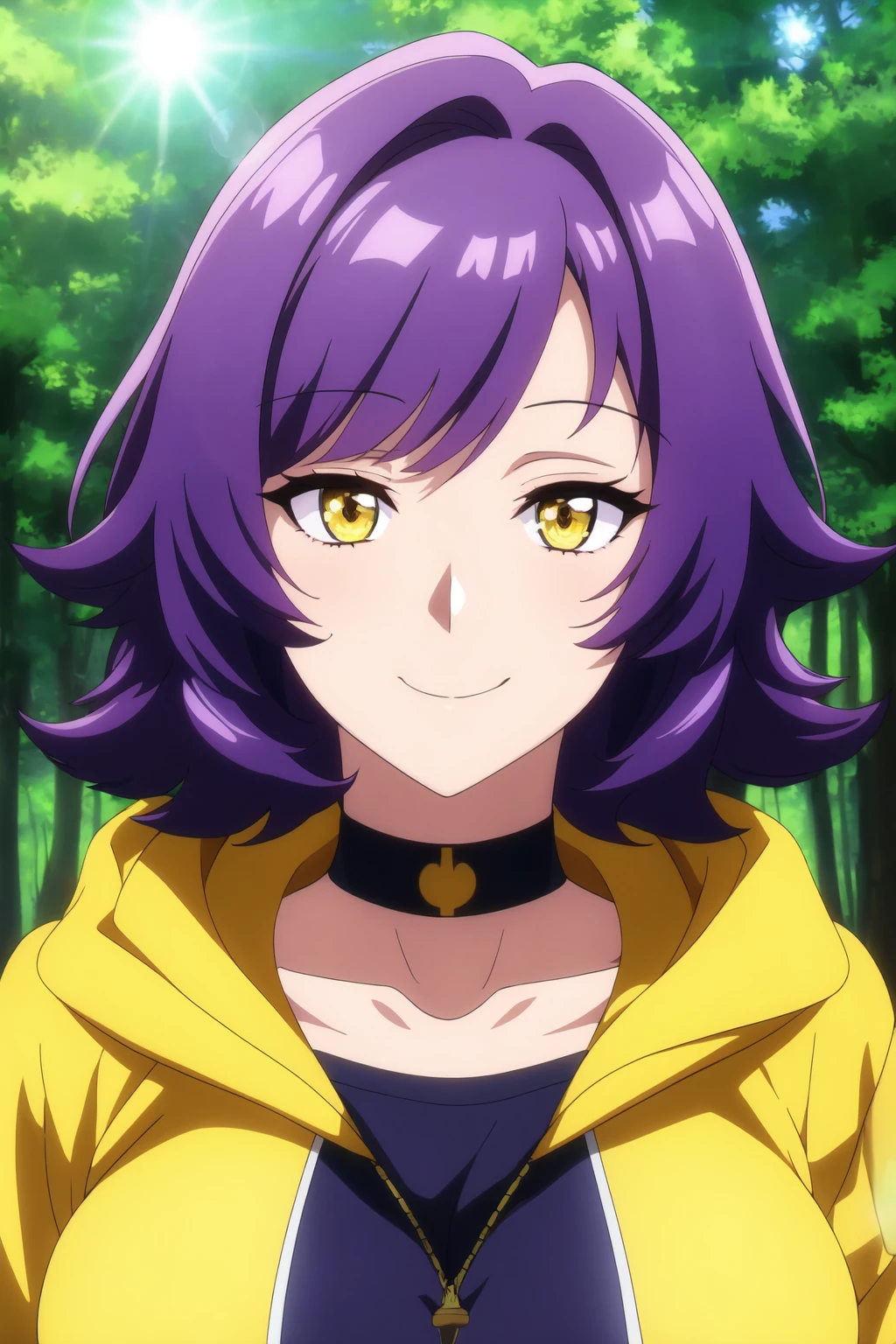 masterpiece, best quality, anime screencap, mature female,
medium hair, purple hair, yellow eyes, hoodie, large breasts, smile, choker,
portrait, forest, lens flare,