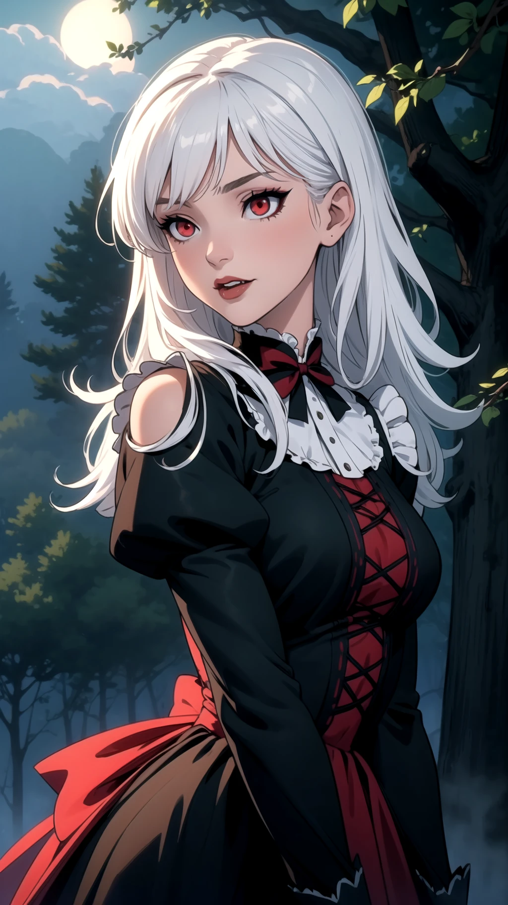 (masterpiece, best quality), 1girl, vampire, victorian dress, white hair, red eyes, forest, fog, night,