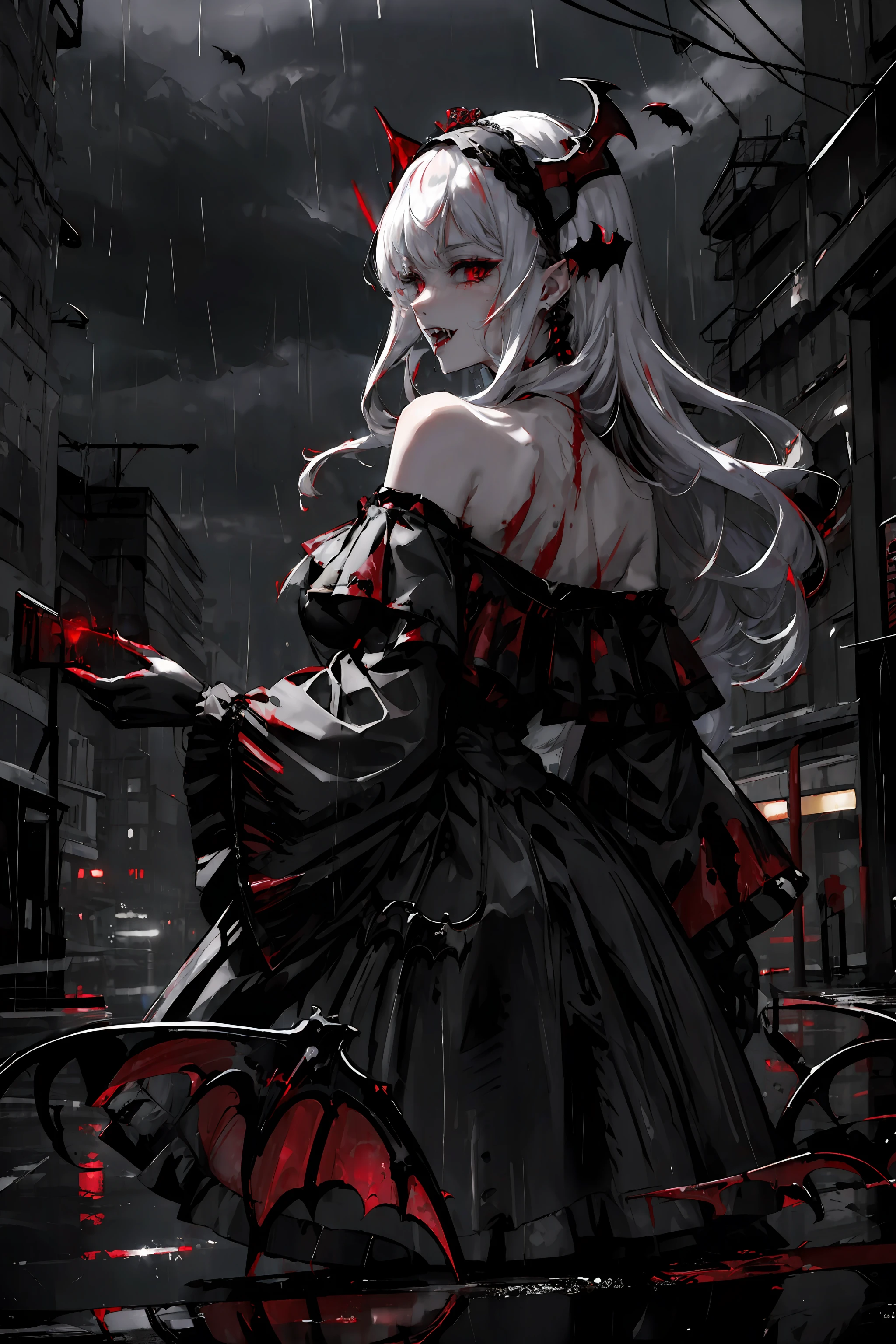 (vampire:1.3), (fangs:1.3), urban, city, cars, nighttime, long exposure, bustling city, traffic lights, car lights, rain, raining, puddles, blood, bloodrain, blood rains from the sky, 1girl, white hair, red eyes, shoulder-length hair, two-sides up, from behind, looking at viewer, open mouth, grin, raised eyebrows, wide-eyed, gothic dress, (off-shoulder:1.3), hairband, gloves, holding, holding fan, <lora:DW:0.4>, glowing, <lora:Dark:0.3>, <lora:fangs:0.8>, <lora:beautiful_detailed_eyes:0.4>, <lora:more_details:0.3>,  <lora:GoodHands-vanilla:1.2>