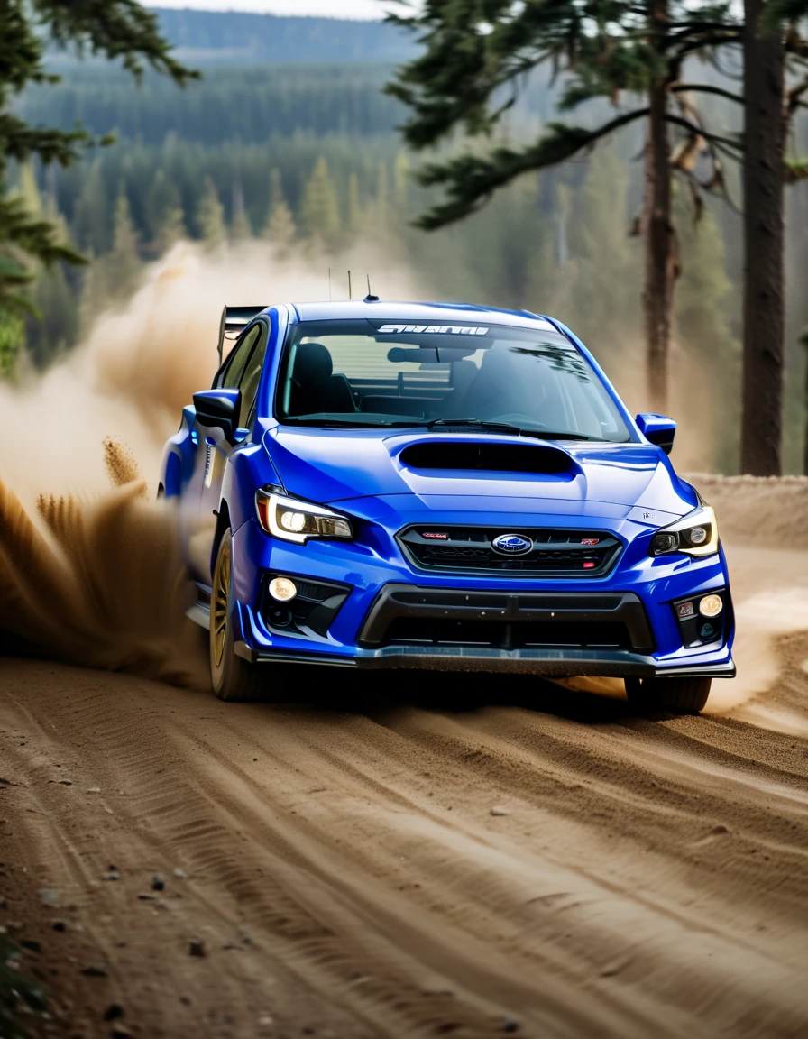 A rugged Subaru WRX STI, in rally blue, kicking up a storm of dust as it drifts through a gravel track amidst forests, capturing the adventure of rally sports, 8K.