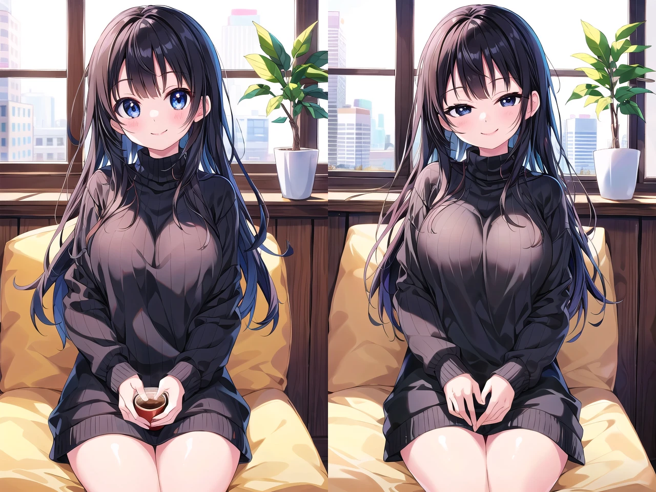insanely detailed, absurdres, ultra-highres, ultra-detailed, best quality,
1 girl, solo, nice hands, perfect hands,
BREAK,
wearing sweater,
happy smile, laugh, closed mouth,
sitting, cute pose,
45 angle, cowboy shot, looking at viewer,
BREAK,
slender, kawaii, perfect symmetrical face, ultra cute girl, ultra cute face, ultra detailed eyes, ultra detailed hair, ultra cute, ultra beautiful,
by Canon EOS, SIGMA Art Lens 35mm F1.4, ISO 200 Shutter Speed 2000,
BREAK,
indoors, in coffee shop,
medium large breasts,,black hair, long hair, black eyes