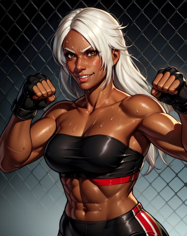 Vannesa,white hair,dark-skinned female,brown eyes,toned, upper body, (dark skin), sweat, smiling, closed fists, VnBla, (black strapless tube top), black bike shorts with red stripes,boots,collarbone,bare shoulders, fingerless gloves Gym, steel cage, (insanely detailed, beautiful detailed face, masterpiece, best quality) <lora:Vannesa-10v3:0.7>