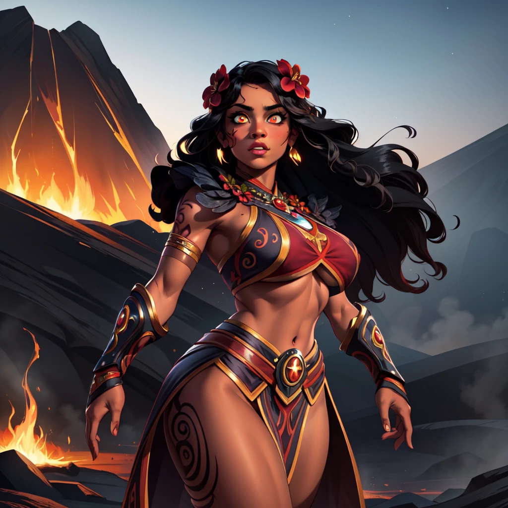 huge breasts, thick thighs,  thick hips, thin waist,lei, tattoo,full body tattoo, polynesian, polynesian tattoo, hair flower,
PeleSmite, <lora:PeleSmite:0.8>,midriff, underboob, dark skin, dark-skinned female,looking at viewer,
1girl, solo, long hair, earrings, hair flower,gauntlets, glowing eyes,shoulder armor,toenails, pauldrons, anklet, leg tattoo
((cowboy shot, upper body)), standing,volcano, lava, eruption, active volcano,dusk, stars, night, (insanely detailed, beautiful detailed face, masterpiece, best quality)