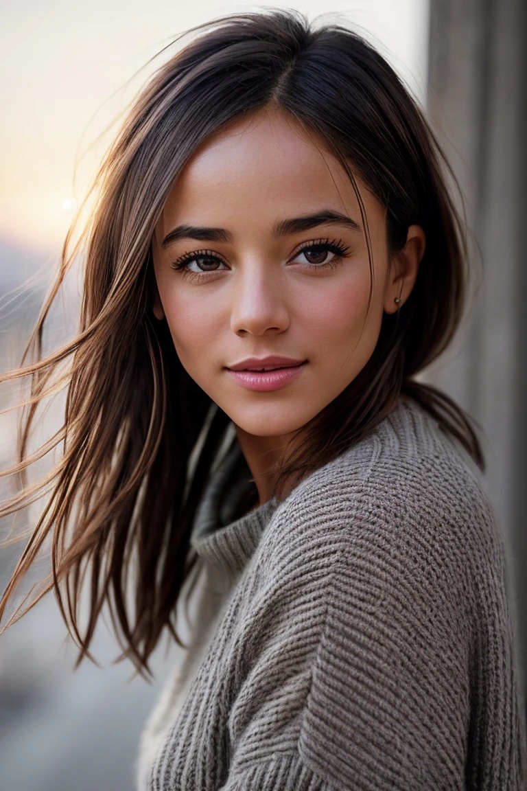 photo of beautiful (alizjacot:0.99), a woman in a (bell tower:1.1), perfect hair, short hair blowing in the wind, wearing (sweater), modelshoot style, (extremely detailed CG unity 8k wallpaper), professional majestic (photography by massimo vitali:1.1), (Kodak PIXPRO AZ401 16MP Digital Camera), 24mm, exposure blend, hdr, faded, extremely intricate, High Detail, Sharp focus, dramatic, soft cinematic light, (looking at viewer), (detailed pupils), cute smile, 24mm, 4k textures, soft cinematic light, adobe lightroom, photolab, elegant, ((((cinematic look)))), soothing tones, insane details, hyperdetailed, low contrast
