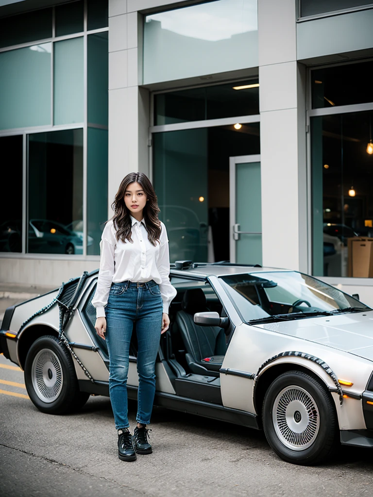 a photo of Dani15 person, woman, standing,
DeLorean next to building,