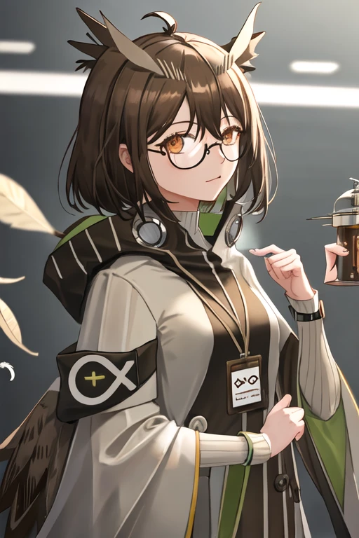 best quality, masterpiece, highres, solo, {silence_arknights:1.15}, brown_hair, short_hair, feather_hair, glasses, bangs, upper_body, hair_between_eyes, semi-rimless_eyewear, owl_ears, brown_eyes