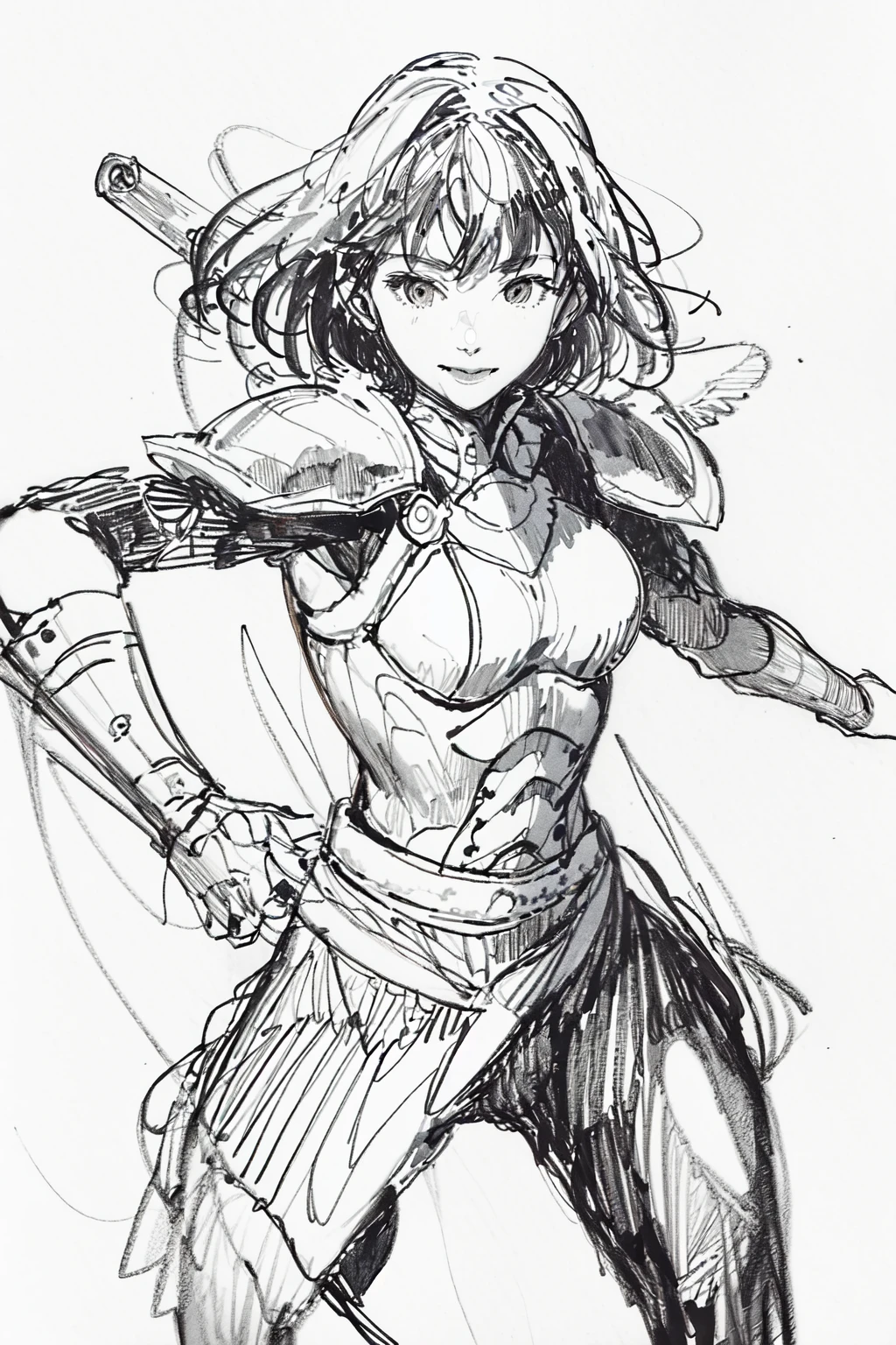 best quality, masterpiece, sketchï¼monochrome, traditional media, Pencil drawing, 1girl, armor,smile , fighting stance, sword,  <lora:Sketch_offcolor:1>