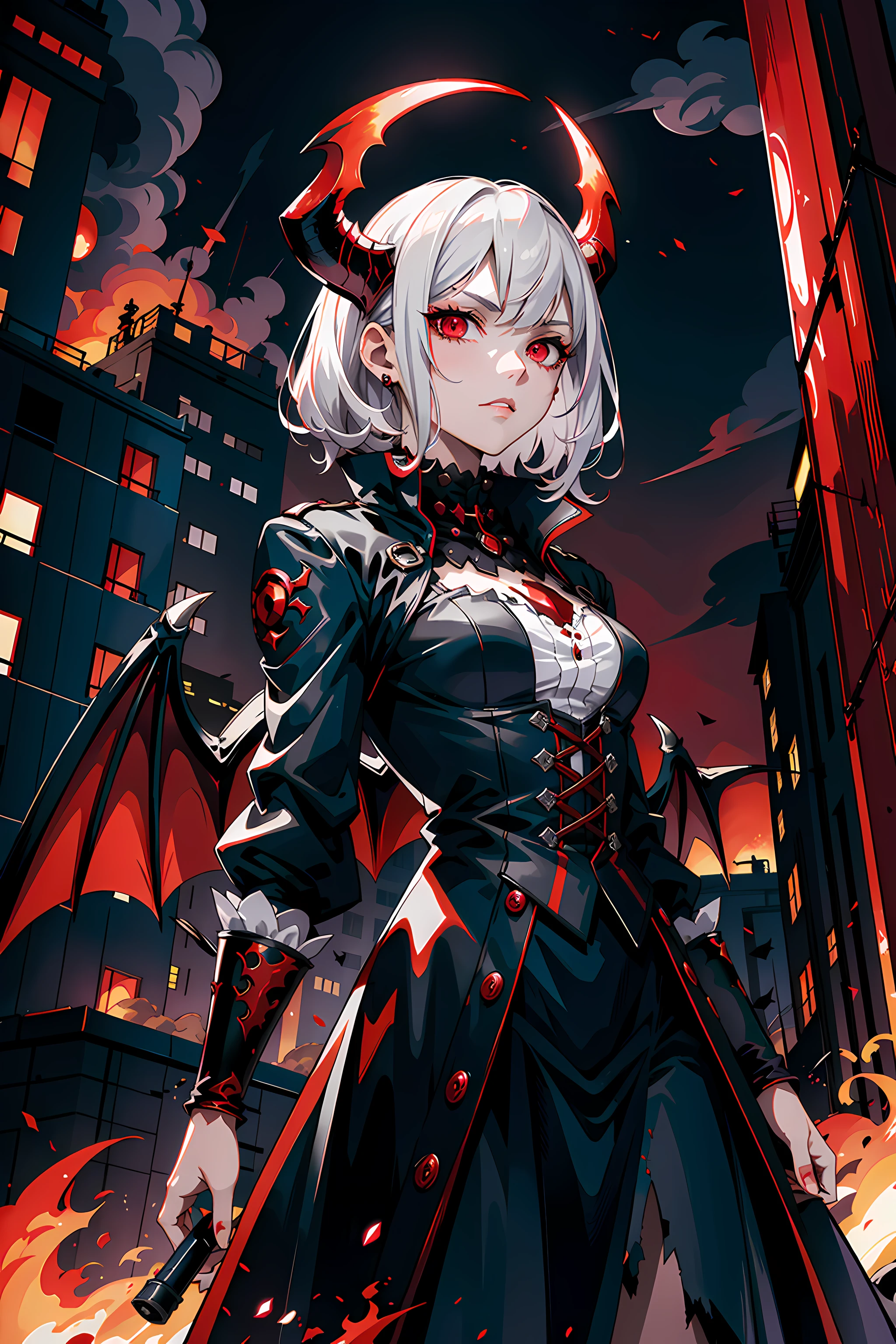 (looking at viewer:1.2), mist, misty atmosphere, (perfect eyes),
1girl, white hair, (red eyes), standing, blood on hands, gothic dress, (expressionless:1.2), (disdain:1.3), (demon wings:1.2),
city, fire, burning city, city on fire, chaos, destruction, entropy, discord, (dark sky, grey sky, fiery sky, blood moon),
the villain wanders through the sundered city. Corpses strewn about, and people running for their lives.