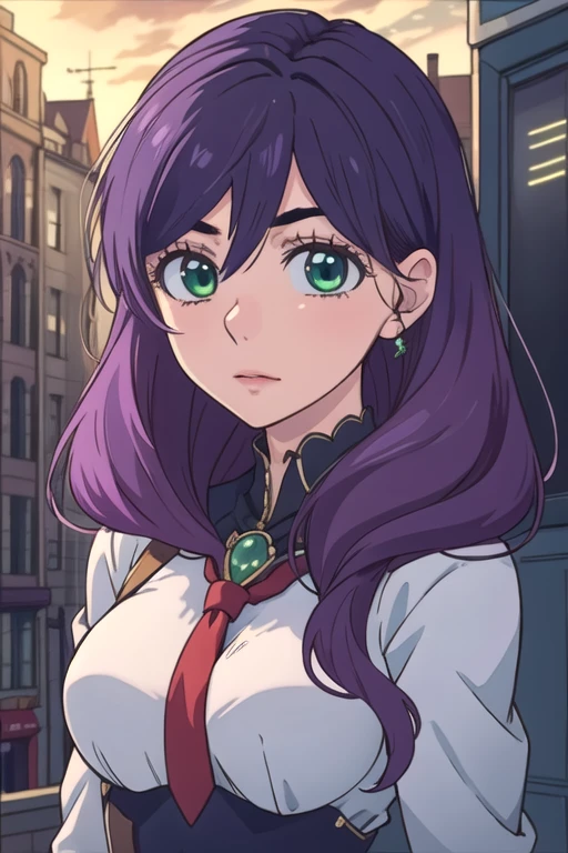 masterpiece, best quality, movie still, 1girl, solo, looking at viewer, upper body, depth of field, , , <lora:kae_serinuma:0.74>, kae_serinuma, purple hair, green eyes, long hair, , , , HDR