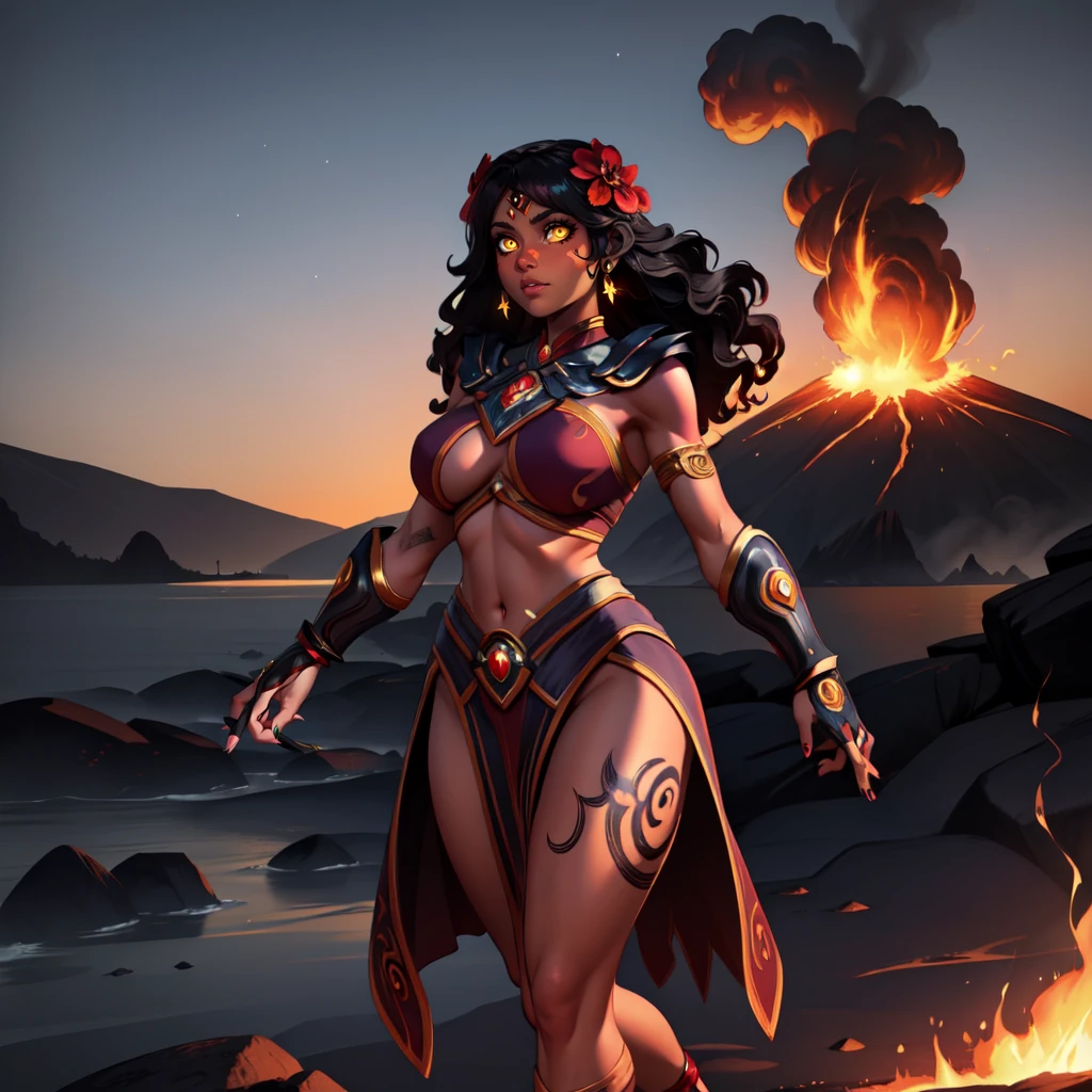 huge breasts, thick thighs,  thick hips, thin waist,lei, tattoo,full body tattoo, polynesian, polynesian tattoo, hair flower,
PeleSmite, <lora:PeleSmite:0.8>,midriff, underboob, dark skin, dark-skinned female,
1girl, solo, long hair, earrings, hair flower,gauntlets, glowing eyes,shoulder armor,toenails, pauldrons, anklet, leg tattoo
cowboy shot:2.0, upper body:2.0, standing,volcano, lava, eruption, active volcano,dusk, stars, night, (insanely detailed, beautiful detailed face, masterpiece, best quality)