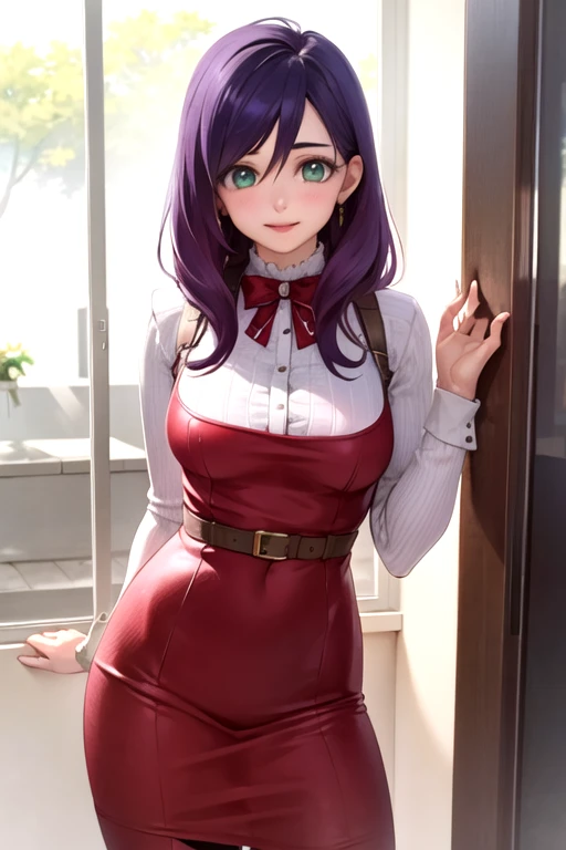 masterpiece, best quality, game cg, 1girl, solo, looking at viewer, , , ligne claire, realistic, <lora:kae_serinuma:0.66>, kae_serinuma, purple hair, green eyes, long hair, pilgrim costume, cyberpunk,