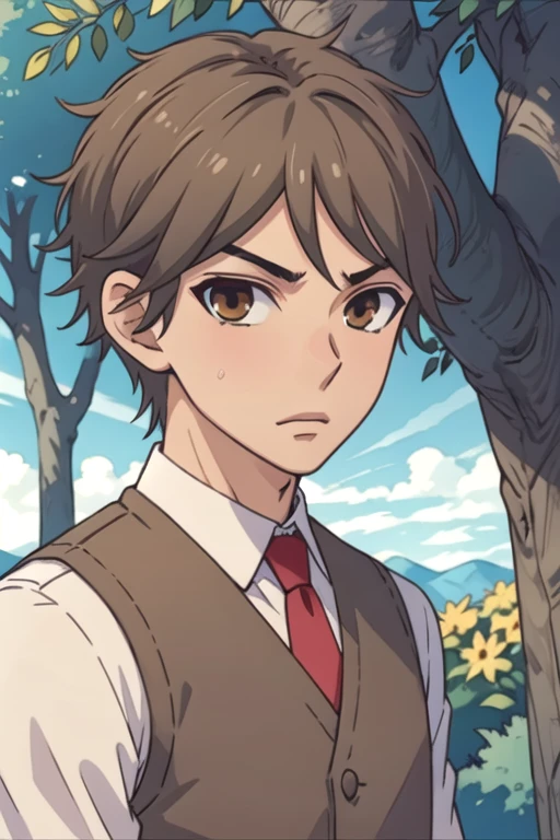 masterpiece, best quality, game cg, 1boy, solo, male focus, looking at viewer, upper body, depth of field, , realistic, <lora:hayato_shinomiya:0.68>, hayato_shinomiya, brown hair, brown eyes, vest, , ,