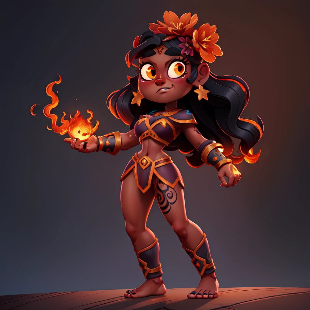 huge breasts, thick thighs,  thick hips, thin waist,lei, tattoo,full body tattoo, polynesian, polynesian tattoo, hair flower,
PeleSmite, <lora:PeleSmite:0.8>,midriff, underboob, dark skin, dark-skinned female,looking at viewer,
1girl, solo, long hair, earrings, hair flower,gauntlets, glowing eyes,shoulder armor,toenails, pauldrons, anklet, leg tattoo,barefoot,
((cowboy shot, upper body)), standing,volcano, lava, eruption, active volcano,dusk, stars, night, (insanely detailed, beautiful detailed face, masterpiece, best quality)