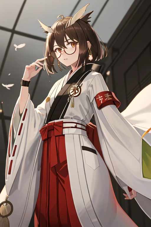 best quality, masterpiece, highres, solo, {white kimono:1.35}, {red hakama:1.35}, {wide sleeves:1.20}, {silence_arknights:1.15}, brown_hair, short_hair, feather_hair, glasses, bangs, upper_body, hair_between_eyes, semi-rimless_eyewear, owl_ears, brown_eyes