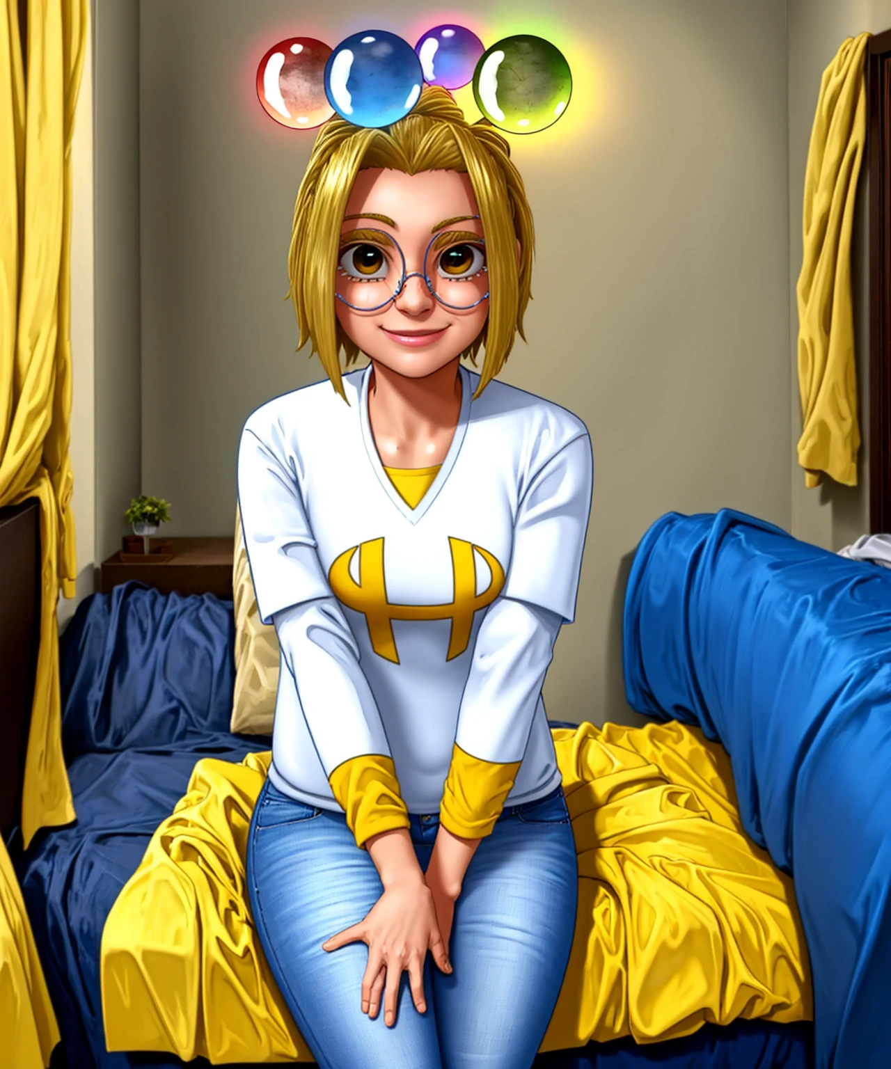 (best quality, highest quality, 1girl, solo:1.4), (SydneyScoville:1), sitting on edge of bed, smiling, looking at viewer, indoors, in bedroom, white shirt, blue jeans, gold logo on shirt, multicolored orbs over head <lora:SydneyScoville2:1>