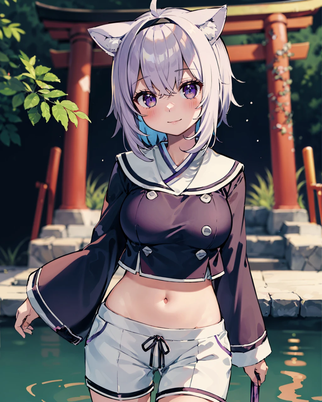 1girl, solo, cowboy shot, japanese pond, torii, okayuschool, serafuku, purple shirt, black hairband, [midriff], white shorts, cat tail, ahoge, mature female<lora:nekomata okayu 6 outfits:1>