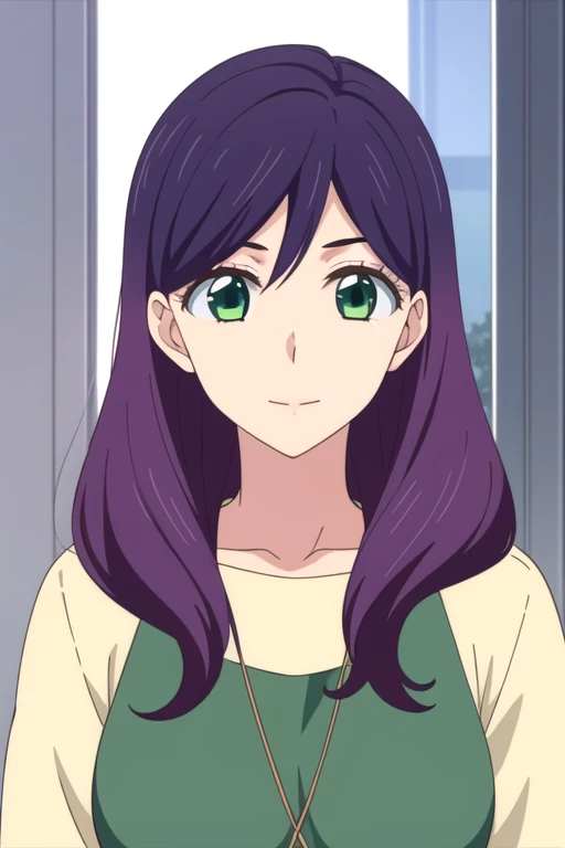 masterpiece, best quality, illustration, 1girl, solo, looking at viewer, upper body, , , , <lora:kae_serinuma:0.70>, kae_serinuma, purple hair, green eyes, long hair