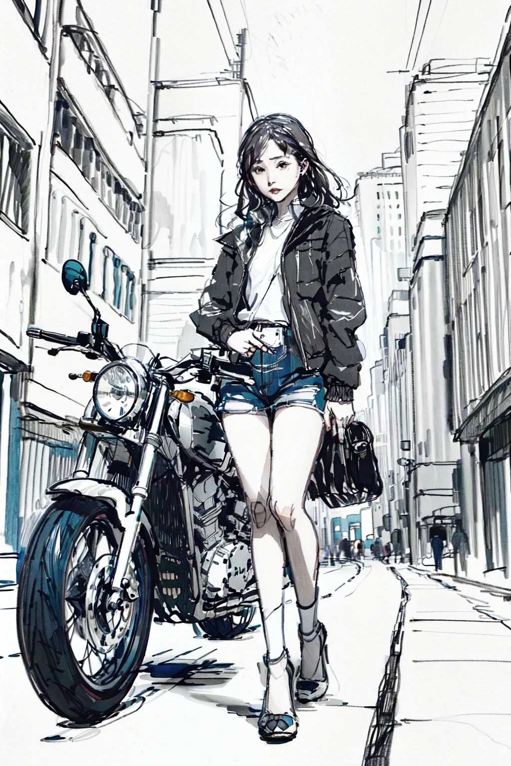 best quality, masterpiece, sketchï¼monochrome, traditional media, Pencil drawing, 1girl,cool, slim long leg, high heels, cyberpunk city, motorcycle, jaket<lora:Sketch_offcolor:1>