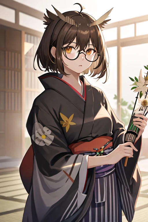 best quality, masterpiece, highres, solo, {yukata:1.40}, {kimono:1.20}, {silence_arknights:1.15}, brown_hair, short_hair, feather_hair, glasses, bangs, upper_body, hair_between_eyes, semi-rimless_eyewear, owl_ears, brown_eyes