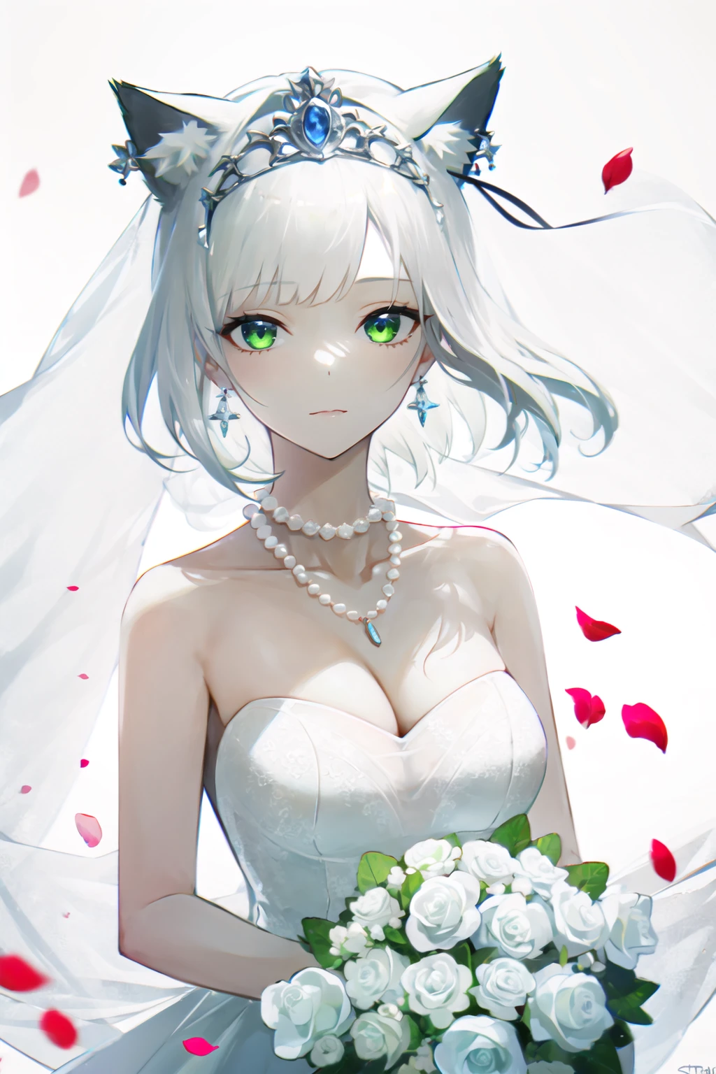 1girl, white_hair, green_eyes, animal_ear_fluff, animal_ears, bangs, bare_shoulders, bouquet, breasts, bridal_veil, cat_ears, cleavage, closed_mouth, collarbone, dress, earrings, falling_petals, flower, grey_background, jewelry, long_hair, medium_breasts, necklace, pearl_necklace, pendant, petals, rose, rose_petals, short_hair, sleeveless, sleeveless_dress, solo, strapless, strapless_dress, tiara, upper_body, veil, wedding_dress, white_dress <lora:style_AGM:1.0>