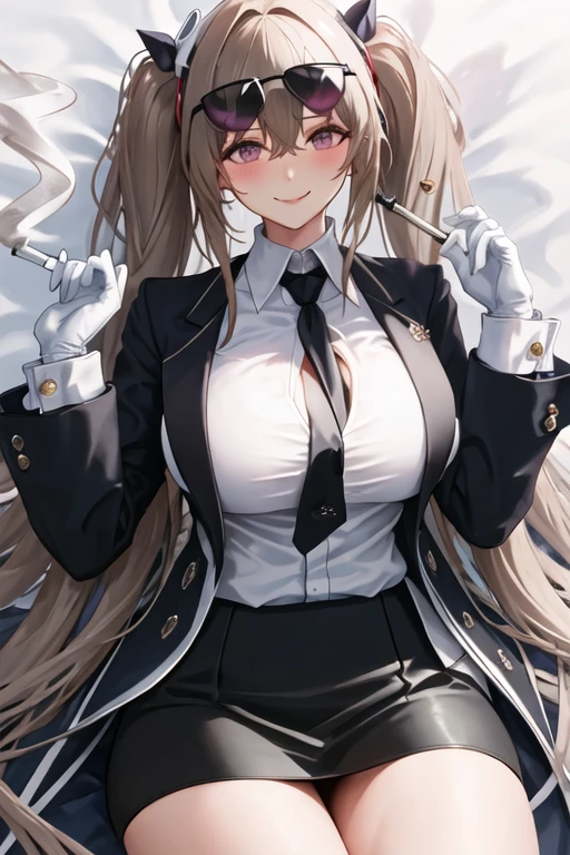 best quality, masterpiece, highres, solo, {black business suit:1.40}, {tie:1.20}, {sunglasses:1.25}, {white gloves:1.15}, {white shirt:1.10}, {black skirt:1.15}, {smoking:1.20}, handsome, {anchorage_azurlane:1.15}, long_hair, breasts, twintails, large_breasts, purple_eyes, bangs, blush, hair_between_eyes, cleavage, light_brown_hair, very_long_hair, smile