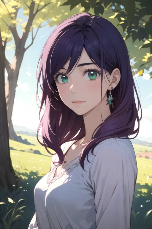 masterpiece, best quality, sketch, 1girl, solo, looking at viewer, upper body, depth of field, , realistic, <lora:kae_serinuma:0.68>, kae_serinuma, purple hair, green eyes, , , , Oz: A land of enchantment, where anything is possible, High definition