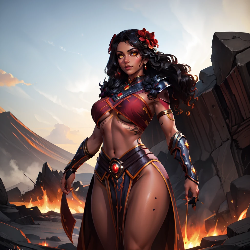 huge breasts, thick thighs,  thick hips, thin waist,lei, tattoo,full body tattoo, polynesian, polynesian tattoo, hair flower,
PeleSmite, <lora:PeleSmite:0.8>,midriff, underboob, dark skin, dark-skinned female,looking at viewer,
1girl, solo, long hair, earrings, hair flower,gauntlets, glowing eyes,shoulder armor,toenails, pauldrons, anklet, leg tattoo
((cowboy shot, upper body)), standing,volcano, lava, eruption, active volcano,dusk, stars, night, (insanely detailed, beautiful detailed face, masterpiece, best quality)