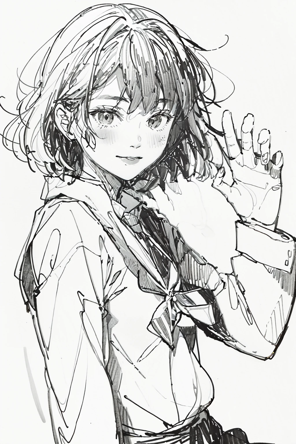 best quality, masterpiece, sketchï¼monochrome, traditional media, Pencil drawing, 1girl, school uniform, JK, happy, waving hand, <lora:Sketch_offcolor:0.9>