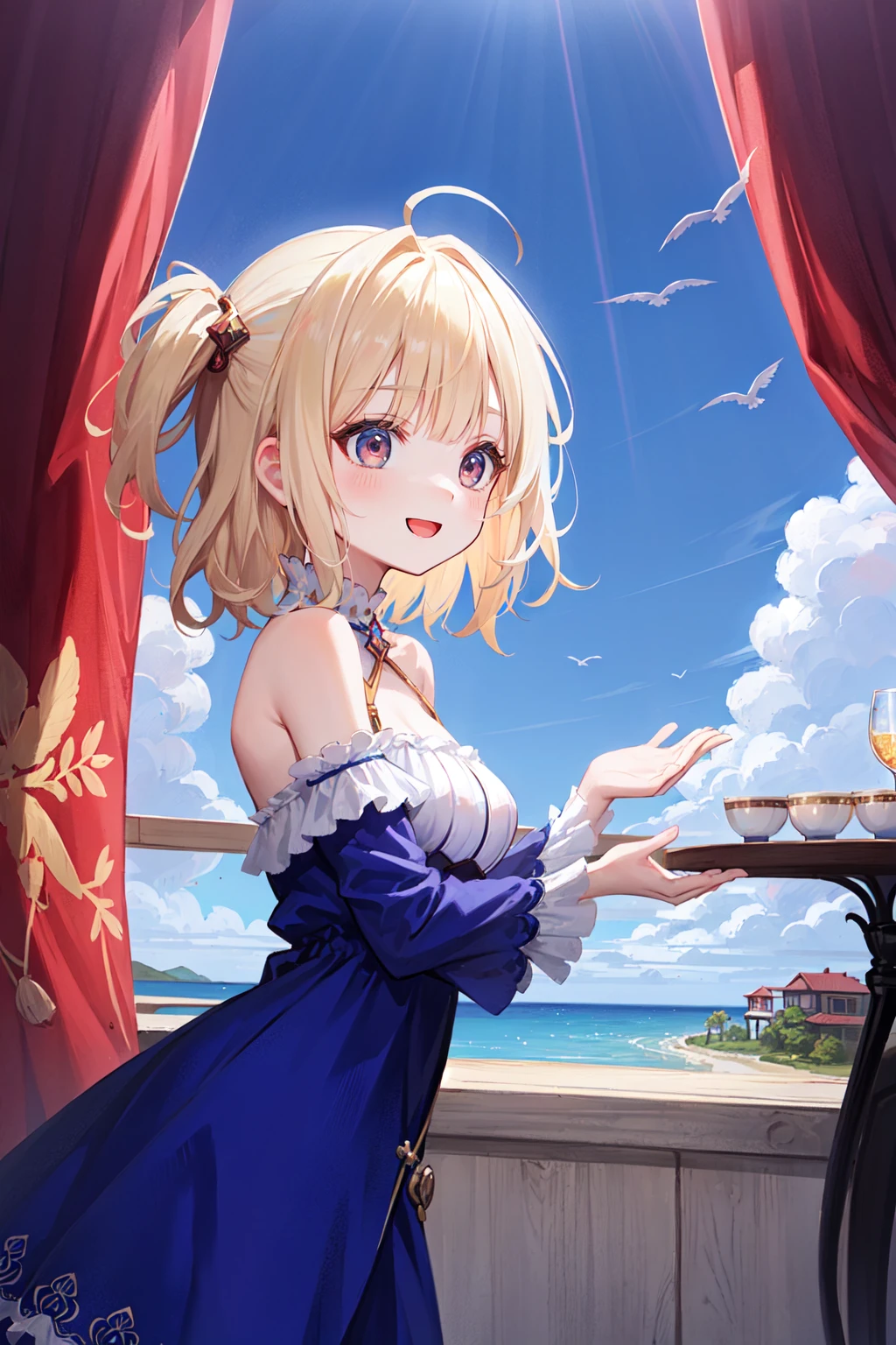 amazing intricate, cute girl, round eyes, medium breast,
medium hair, (two side up:1.2), blunt bangs, beautiful hair,
happy, :d, platinum blond hair, hands folded, in a dream,
(looking away:1.2),
from side,
cowboy shot,
blue dress, saint dress