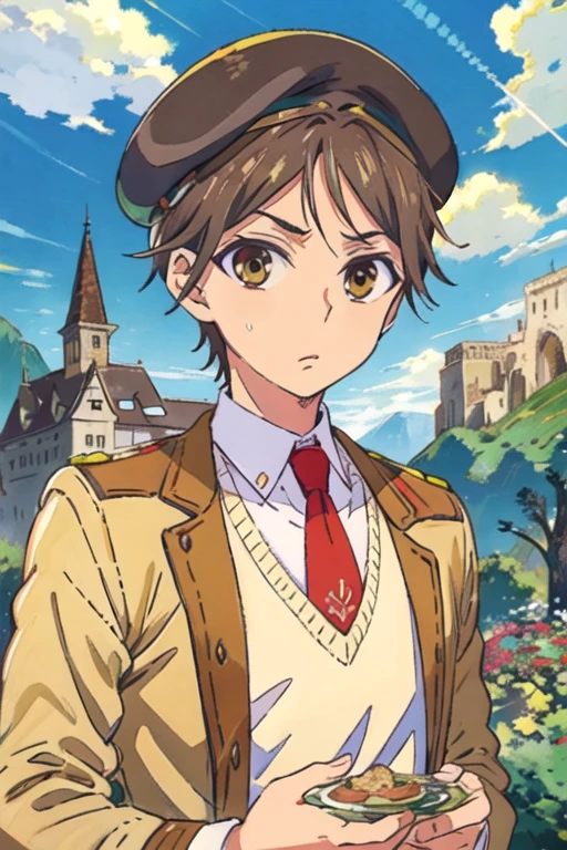 masterpiece, best quality, illustration, 1boy, solo, male focus, looking at viewer, upper body, , , , <lora:hayato_shinomiya:0.74>, hayato_shinomiya, brown hair, brown eyes, , beret, Oz: A land of enchantment, where anything is possible,